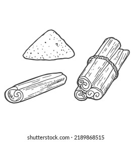 Cinnamon set. Hand drawn spices in sketchy style isolated on white background. Vector illustration.