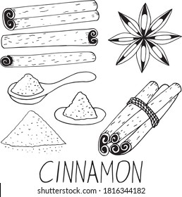 doodle vectorial dibujado a mano con canela. palos, polvo, letras, colección cuchara de elementos para el diseño icono, etiqueta, menú, pegatina. comida, condimentos, especias