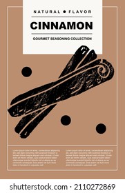 Zimt. Set von Plakaten von Gewürzen, Kräuter, Bio-Produkt in einem abstrakten Ziehdesign. Etikett oder Plakat für die Zubereitung von Speisen und kulinarisch. Einfaches, flaches Design. Für Poster, Cover, Banner.