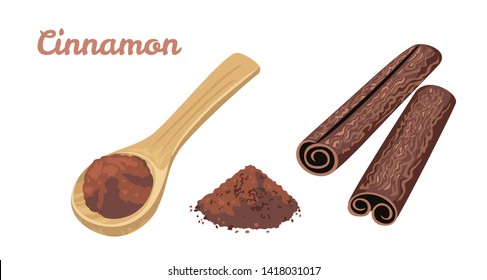 Cinnamon set. Spicy spice in wooden spoon, powder and cinnamon sticks isolated on white background. Vector illustration of seasoning in cartoon flat style.