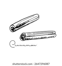 Cinnamon sketch. Hand drawn vector spices two cinnamon sticks. Medicinal, cosmetic, culinary dried plants. Black White Doodle illustration For cafe, spice shop, menu, recipe. Organic cooking, baking
