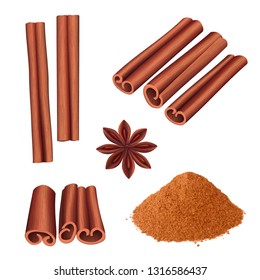 Cinnamon spice. Herbs dessert aromatic food stick cinnamon bark vector illustration