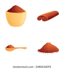 Cinnamon spice icons set cartoon vector. Incense stick and cinnamon powder. Spice ingredient, food aroma