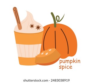 Café con leche de canela con especias, calabaza entera y en rodajas. Ilustración vectorial de una bebida caliente con canela, especias de calabaza y productos horneados. Otoño acogedor. Eps 10