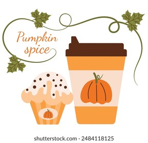 Café con leche de canela con especias, calabaza entera y en rodajas. Ilustración vectorial de una bebida caliente con canela, especias de calabaza y productos horneados. Otoño acogedor. Eps 10