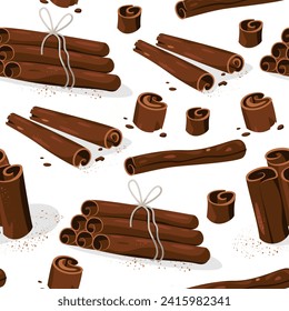 Cinnamon spice pattern. Seamless print of brown sticks of dried bark for baking, sweet aromatic culinary natural ingredient for food. Vector texture. Seasoning for baking pastries, delicious objects