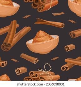 Cinnamon Spice Sticks and Aromatic Powder Vector Seamless Pattern Template