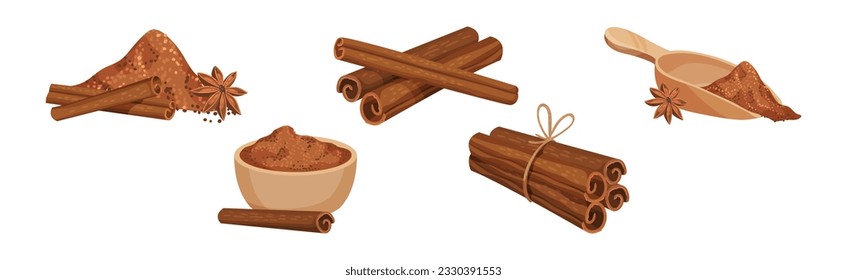 Cinnamon Spice Sticks with Powder and Star Anise Vector Set