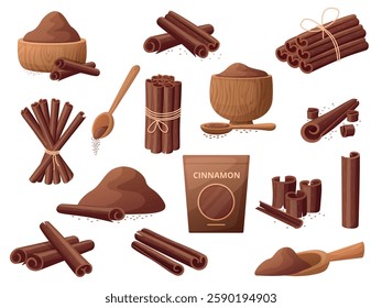 Cinnamon spices. Powder in bowl and spoon and sticks. Organic sweet spice for desserts, coffee, hot drinks, baking. Cocoa pile, raw ingredients nowaday vector set