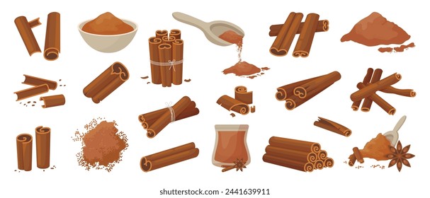 Especias de canela en palitos y en polvo. Elementos culinarios, canela en cuencos, cuchara y bebidas. Elementos frescos orgánicos, vector neotérico clipart