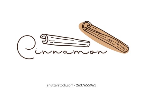 Cinnamon, Spicy. Cinnamomum bark. Doodle Cinnamon stick Outline vector illustration with inscription. Seasoning for food and drinks. Product sketch for packaging, sale, shop, Flavor cooking ingredient