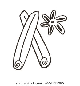Cinnamon stick and anise spice, cartoon doodle vector illustration isolated on white background. Hand drawn outline art with grunge texture. Concepts of cooking and condiments.