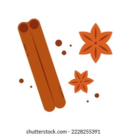 Cinnamon stick and brown anise flower. Set of spices. Doodle sketch cartoon illustration.