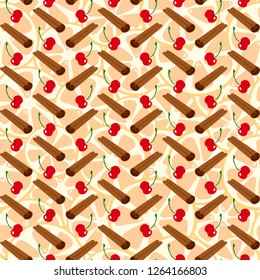 cinnamon stick and cherry in the foreground and circles of oranges in the background