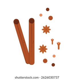 Cinnamon Stick, Clove And Brown Anise Flower Vector Design.