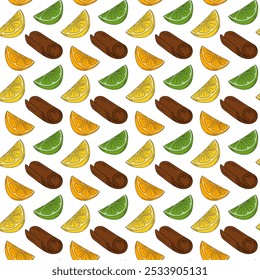 Palo de canela, limón, lima y naranja dibujado a mano rebanadas Patrón sin fisuras. Textura de fondo Abstractas