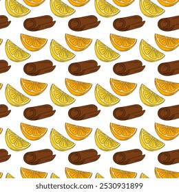 Cinnamon stick, lemon and orange slices Seamless pattern in trendy bright shades. Background concept