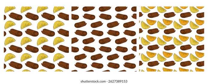 Cinnamon stick, Lemon and Orange slices Seamless Pattern Thematic cards Citrus Background idea Set 