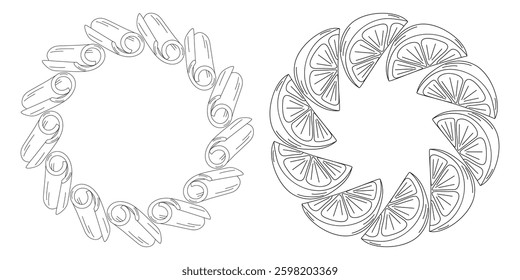Cinnamon stick Lemon sliced Outline Circular frame border Minimalistic Copy space Template idea Set