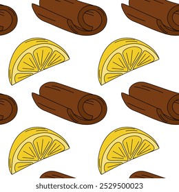 Cinnamon stick and lemon wedge Seamless pattern in trendy bright shades. Wallpaper backdrop concept