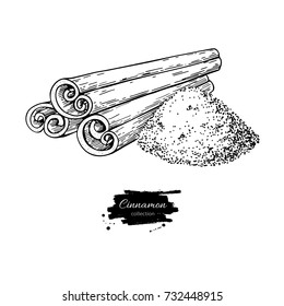 Cinnamon stick and powder vector drawing. Hand drawn sketch. Seasonal food illustration isolated on white. Engraved style spice and flavor object. Cooking and aromatherapy ingredient.