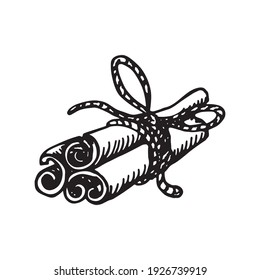 Cinnamon stick seed plant . Hand drawn sketch vector illustration isolated on white. Spicy herbs. Cinnamon Doodle design cooking ingredient for food, dessert. Seasoning spice herb