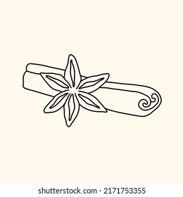 Cinnamon stick and star anise. Vector hand drawn illustration isolated on background.