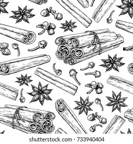 Cinnamon stick tied bunch, anise star and cloves. Vector seamless pattern drawing Seasonal sketch food background Engraved style spice and flavor object Cooking, aromaterapy and mulled wine ingredient