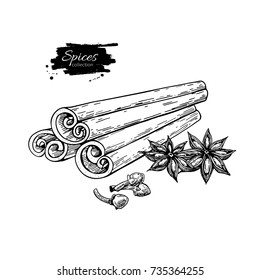 Cinnamon stick tied bunch, anise star and cloves. Vector drawing. Hand drawn sketch. Seasonal food illustration isolated on white. Engraved style spice and flavor. Cooking and mulled wine ingredient.