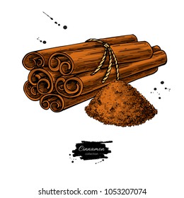 Cinnamon stick tied bunch and powder. Vector drawing. Hand drawn sketch. Seasonal food illustration isolated on white. Spice and flavor object. Cooking and aromaterapy ingredient.