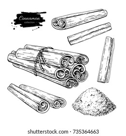 Cinnamon stick, tied bunch and powder set. Vector drawing. Hand drawn sketch. Seasonal food illustration isolated on white. Engraved style spice and flavor object. Cooking and aromaterapy ingredient.