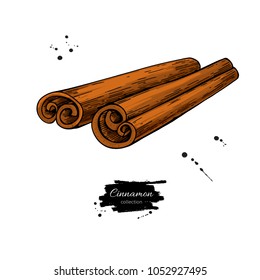 Cinnamon stick vector drawing. Hand drawn sketch. Seasonal food illustration isolated on white. Spice and flavor object. Cooking and aromaterapy ingredient.