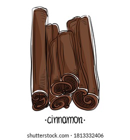 Ilustración vectorial de palo de canela aislada en fondo blanco. Esbozo dibujado a mano. Ilustración alimentaria estacional de especias y sabores. Cocina, aromaterapia saludable, etc.
