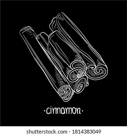 Ilustración vectorial de palo de canela aislada en fondo negro. Esbozo dibujado a mano. Ilustración alimentaria estacional de especias y sabores. Cocina, aromaterapia saludable, etc.