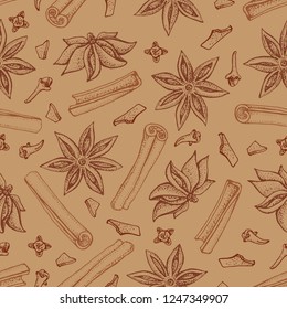 Cinnamon sticks, anise star and cloves seamless pattern. Seasonal food vector illustration isolated on white background. Hand drawn sketch of spice and flavor. Cooking and mulled wine ingredient