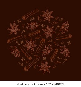 Cinnamon sticks, anise star and cloves. Seasonal food vector illustration  on brown background. Hand drawn sketch of spice and flavor. Cooking and mulled wine ingredient