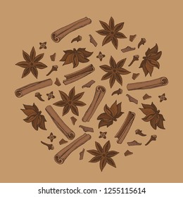 Cinnamon sticks, anise star and cloves. Seasonal food vector illustration  on brown background. Hand drawn doodles of spice and flavor. Cooking and mulled wine ingredient