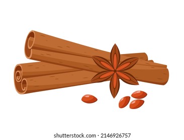 Cinnamon Sticks With An Anise Star On A White Background. Spices. Cartoon Design.
