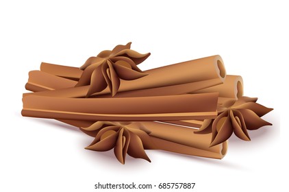 Cinnamon sticks and anise stars Vectos isolated on white