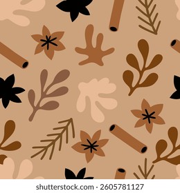 Cinnamon sticks and autumn leaves Seamless pattern background ideal for wrapping paper, fabric, textile etc.