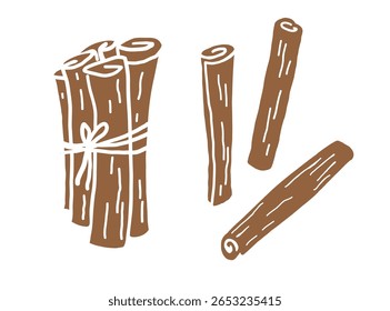 Canela varas, casca marrom tempero mão desenhada. Conjunto com canelas roladas. Heap tempero picante, condimento ingrediente aromático para cozinhar, apoiar, alimentos. Ilustração vetorial em plano de fundo isolado