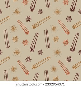 Cinnamon sticks bark seamless pattern. Hand drawn brown spice on decorative ornament. Rolled cinnamons spicy seasoning condiment. Aromatic ingredient for cooking, backing. Backdrop vector illustration