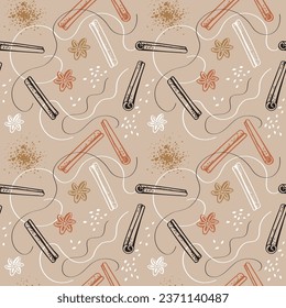 Cinnamon sticks bark seamless pattern. Hand drawn brown spice on decorative ornament. Rolled cinnamons spicy seasoning condiment. Aromatic ingredient for cooking, backing. Backdrop vector illustration