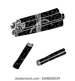 Cinnamon sticks black silhouette. Hand-drawn bundle and pieces of cinnamon. Spice illustration for cooking, packaging, kitchen decor, and food design. Vector drawing in vintage engraved style.