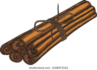 Cinnamon sticks in a bunch vector hand drawn illustration in sketch style. Linear drawing of aromatic spice on isolated background. Retro engraving for packaging and design.