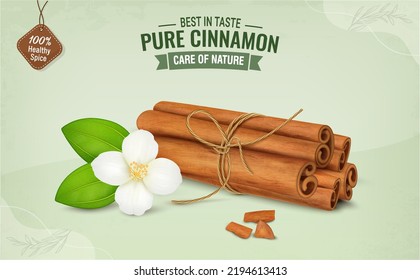 Cinnamon Sticks ilustración vectorial agrupada con flor de canela y hojas verdes