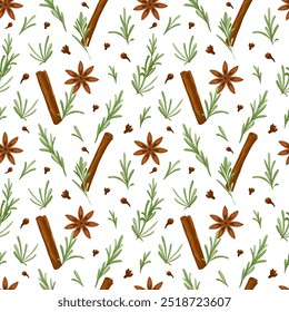 Cinnamon sticks, coriander, clove, rosemary seamless pattern. Endless pattern on white  Aromatic spices. Hand drawn vector illustration. Condiment for mulled wine. Print for kitchen textile decor