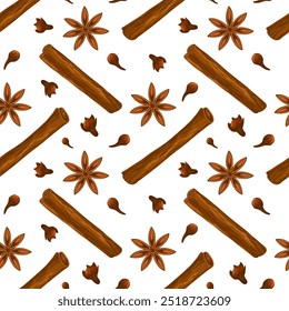 Cinnamon sticks, coriander, clove seamless pattern. Endless pattern on white background. Aromatic spices. Hand drawn vector illustration. Condiment for mulled wine. Print for kitchen textile decor.