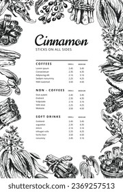 Cinnamon sticks from different angles and top view. Old book style botanical vector illustration. Hand-drawn sketch style artwork. Cafe, bar, restaurant menu template. Cinnamomum verum. 