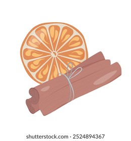 Canela varas e fatia laranja seca. Composição aromática. Ilustração vetorial  